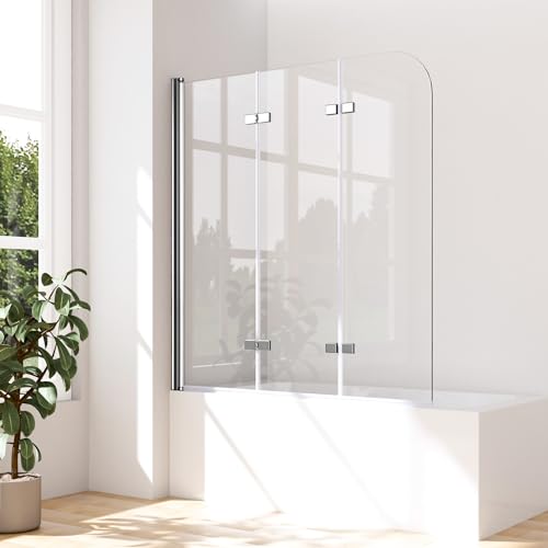 WOWINNE Duschwand für Badewanne 130x140 cm Badewannenaufsatz Duschwand 3-teilig Faltbar 5 mm ESG-Sicherheitsglas Duschabtrennung Badewanne von WOWINNE