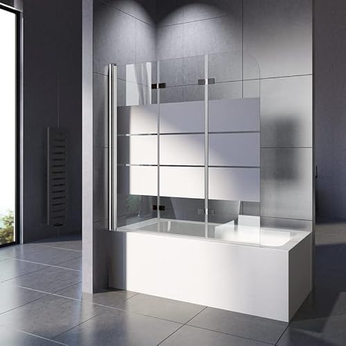 WOWINNE Duschwand für Badewanne Gestreift, Duschwand 120x140cm Badewannenaufsatz Duschwand Gestreift 3-teilig Faltbar Duschabtrennung Badewanne mit 6mm NANO ESG-Glas von WOWINNE