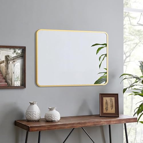 WOWINNE Spiegel Gold 50x70cm Rechteckig Wandspiegel Gold mit Metallrahmen Badspiegel Badezimmerspiegel Dekorative Spiegel für Bad Wohnzimmer Schlafzimmer Gäste WC von WOWINNE