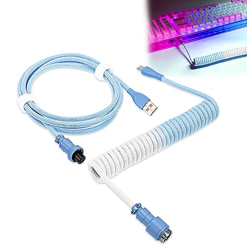 UCINNOVATE Coiled Keyboard Cable, Pro Custom Coiled USB C Cable for Gaming Keyboard, Double Sleeved Mechanical Keyboard Cable with Detachable Metal Aviator, 1.8M USB-C to USB-A (Blue & White) von WOWLED