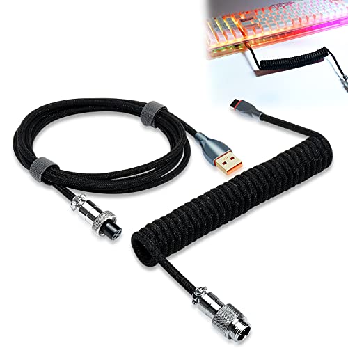 WOWLED Spiral-Tastaturkabel, Pro Custom Coiled USB C Kabel für Gaming Tastatur, Doppelhülse Mechanisches Tastaturkabel mit abnehmbarem Metallflieger, 1,8 m USB-C auf USB-A (Schwarz) von WOWLED