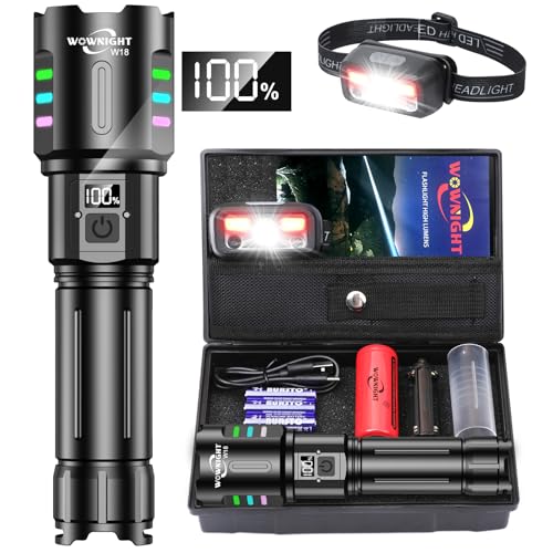 WOWNIGHT Taschenlampe Led Aufladbar, Led Taschenlampe Extrem Hell 1000000 lumen, Taktische Taschenlampe Batteriebetrieben Mit Holster, 5 Modi, Stufenlose Dimmung, für Outdoor Notfälle Camping von WOWNIGHT