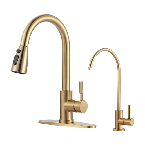 WOWOW Küchenarmatur und Wasserfilter-Wasserhahn-Kombination, Edelstahl Küchenspüle Wasserhahn mit Trinkwasserhahn für Umkehrosmose oder Wasserfiltersystem, Gebürstetes Gold von WOWOW