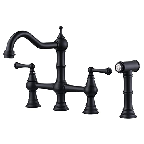 WOWOW Schwarz Küchenarmatur mit Seitensprüher, 4 Loch Messing Küchenarmaturen für Spüle, 2 Griff 8 Zoll Centerset Brücke Wasserhahn Vintage Bauernhaus Kupfer Küchenspüle Armaturen WOWOW Schwarz Küchenarmatur mit Seitensprüher, 4 Loch Messing Küchenarmaturen für Spüle, 2 Griff 8 Zoll Centerset Brücke Wasserhahn Vintage Bauernhaus Kupfer Küchenspüle Armaturen von WOWOW