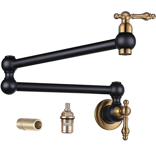 WOWOW Topffüller, Wasserhahn über Herd, massiver Messing-Topffüller, Wandhalterung, kommerzielle Küchenspüle, Topffüller, Kupfer, mit dehnbarem Doppelgelenk-Schwenkarm, schwarz und gold von WOWOW