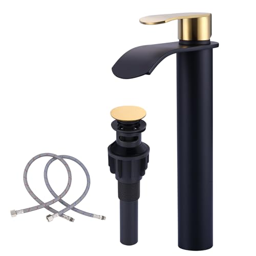 WOWOW Waschbeckenarmatur, Schwarz und Gold: Einhebel-Badezimmer-Wasserhahn – Wasserfall-Einloch-Mischbatterie mit großem rechteckigem Auslauf, Deckmontage, WC-Waschtisch mit Pop-Up-Ablauf von WOWOW