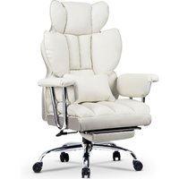 Bürostuhl aus Leder, verstellbare hohe Rückenlehne, ergonomisch, Lendenwirbelstütze, gepolsterte Armlehnen und Fußstütze (weiß) von WOWTTRELAX