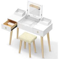 Kleiner Schminktisch - mit Klappspiegel und Hocker - Weißer Schminktisch aus Holz - Skandinavisch - 3-Farben-LED-Spiegel mit einstellbarer Helligkeit Kleiner Schminktisch - mit Klappspiegel und Hocker - Weißer Schminktisch aus Holz - Skandinavisch - 3-Farben-LED-Spiegel mit einstellbarer Helligkeit von WOWTTRELAX
