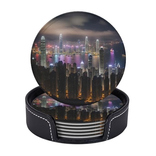 Aerial Night of View Hong Kong Print 6 Set Practical Cup Coasters Office Kitchen Coffee Table Decor Dining Easy Clean von WOmeng