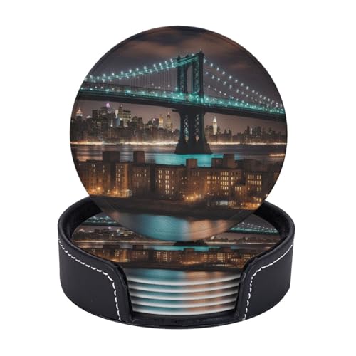 New York Manhattan Bridge Night Print 6 Set praktische Tassen-Untersetzer Büro Küche Couchtisch Dekor Esszimmer leicht zu reinigen von WOmeng