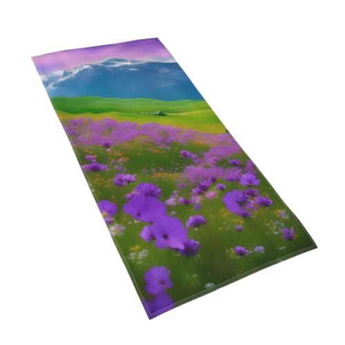 WOmeng Badetuch, Motiv: Natur, Lila, Blumen, Wiese, Berge, malerischer Druck, atmungsaktiv, schnelltrocknend, Strand, Camping, Pool, Fitnessstudio, Reisen, Urlaub, vielseitig einsetzbar von WOmeng
