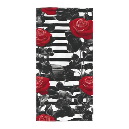 WOmeng Badetuch mit schwarz-weißen Streifen, roten Rosen und Blumen, atmungsaktiv, schnelltrocknend, Strand, Camping, Pool, Fitnessstudio, Reisen, Urlaub, vielseitig einsetzbar von WOmeng