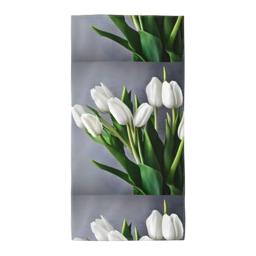 WOmeng Badetuch mit weißen Tulpen und Blumen, atmungsaktiv, schnelltrocknend, Strand, Camping, Pool, Fitnessstudio, Reisen, Urlaub, vielseitig einsetzbar von WOmeng