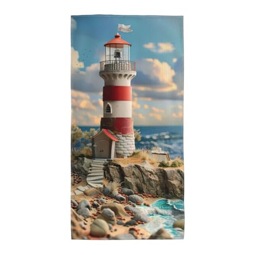 WOmeng The Seaside Leuchtturm-Druck, Badetuch, atmungsaktiv, schnelltrocknend, Strand, Camping, Pool, Fitnessstudio, Reisen, Urlaub, vielseitig einsetzbar von WOmeng