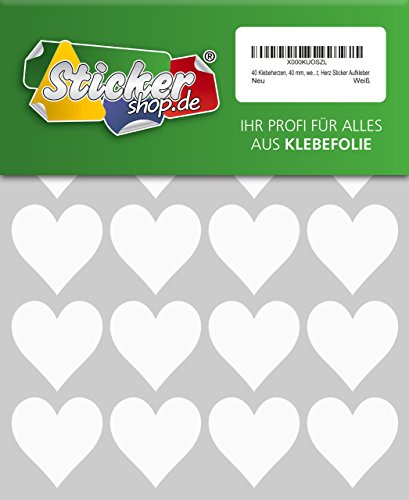 40 Klebeherzen, 40 mm, weiß, aus PVC Folie, wetterfest, Herz Sticker Aufkleber 40 Klebeherzen, 40 mm, weiß, aus PVC Folie, wetterfest, Herz Sticker Aufkleber von WP Sticker