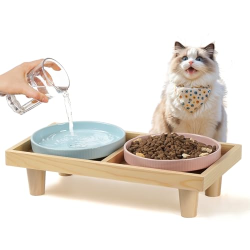 Katzennapf flach 2er Set mit Holzständer, 2 Näpfe aus Keramik à 16 cm, Erhöhter Futterstation 36 x 18 x 7,5 cm, Rosa & Blau Katzennapf flach 2er Set mit Holzständer, 2 Näpfe aus Keramik à 16 cm, Erhöhter Futterstation 36 x 18 x 7,5 cm, Rosa & Blau von WPAJIRZO