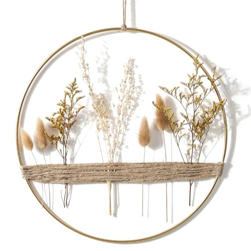 WPAJIRZO Trockenblumenkranz 30cm Metallring mit Trockenblumen Hängende Boho Wand-Deko Frühling Sommer Wohnzimmer Blumenkranz Türkranz ganzjährig Fensterdeko Trockenblumenring von WPAJIRZO