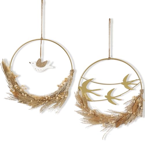 WPAJIRZO Trockenblumenkranz Wanddeko Metallring mit Pampasgras & Vogel Ornament, Frühlingsdeko Trockenblumen Deko Türkranz Fensterdeko Tischdeko Boho Stil Dekoatrion Ganzjährig von WPAJIRZO