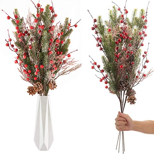 WPAJIRZO 5 Stück Künstliche Tannenzweige mit roten Beeren & Zapfen, extra Lange Deko Zweige 70 cm mit Schnee Effekt, Beerenzweig für Wohnzimmer Dekoration Arrangements von WPAJIRZO