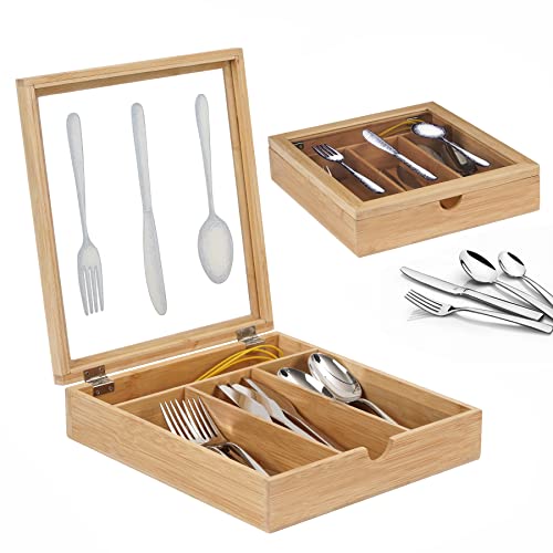 WPAJIRZO Besteckkasten mit Deckel, Besteckkiste 4 Fächer für Küche oder Schublade, Holz Besteckbox Besteck Organizer Besteckbox Aufbewahrung von Löffel Gabel Messer von WPAJIRZO