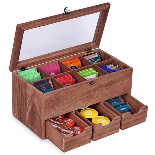 WPAJIRZO Teebox Holz für Teebeutel 8 Fächern – Rustikale Aufbewahrungsbox Organizer mit 3x Schubladen für Tee, Kaffeekapseln & Zuckersticks von WPAJIRZO