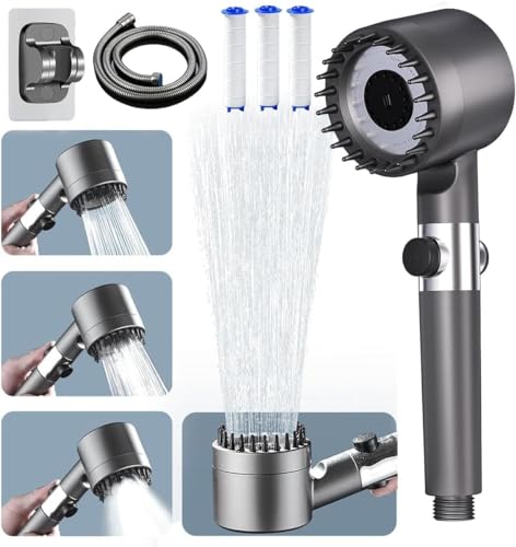Ion Drops Duschkopf mit 60 Zoll Duschschlauch, Hochdruck 4 Modi Duschkopf, Gefilterte Duschköpfe mit Handheld, Power Wash für Hartes Wasser, Massagebarer Duschkopf mit ON/OFF-Schalter, Grau von WPARHUS