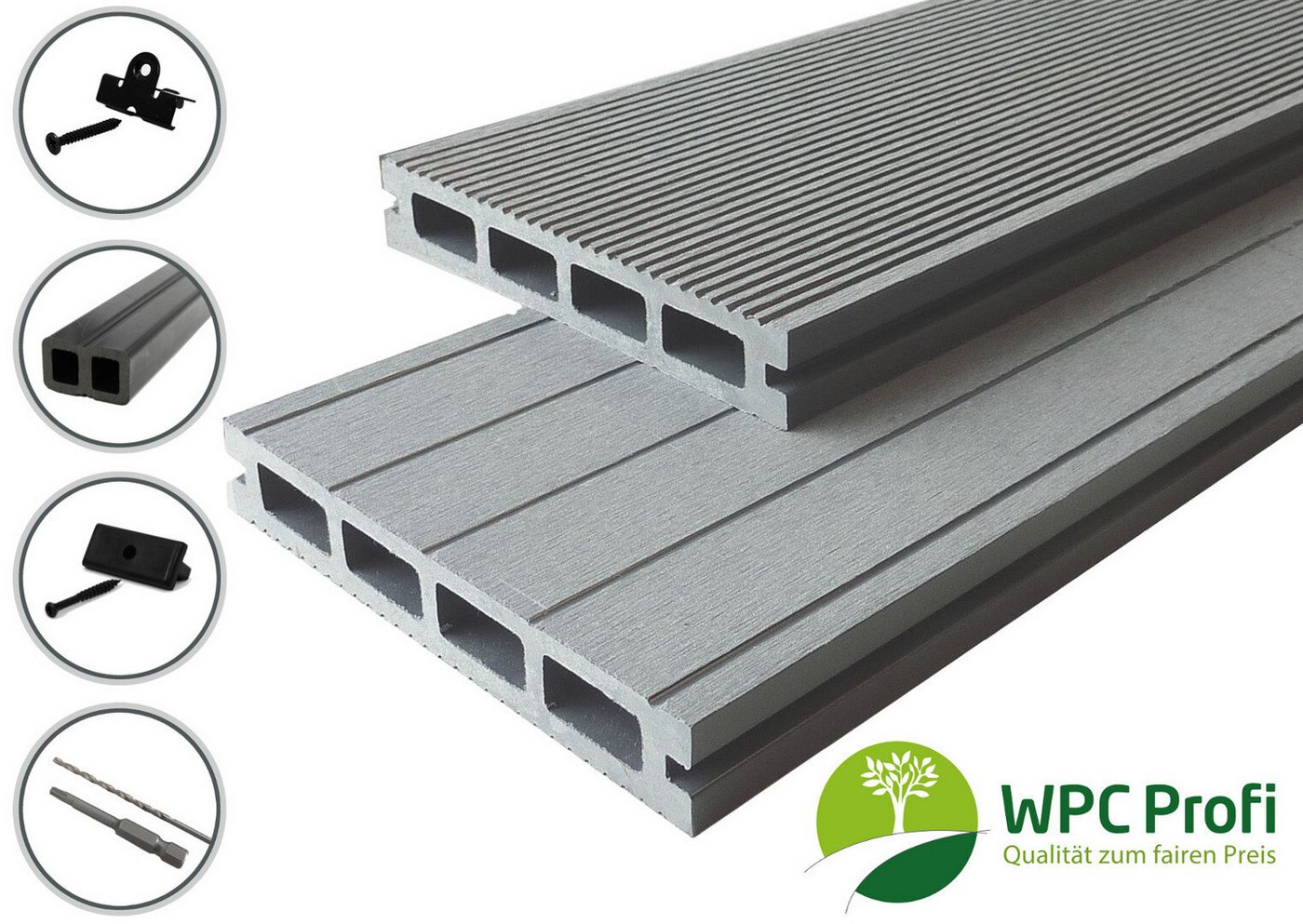 WPC Profi Terrassendielen Terrassen Diele 25mm Steingrau Grau, (Komplettset, mit Unterkonstruktion, Clips und Schrauben) von WPC Profi