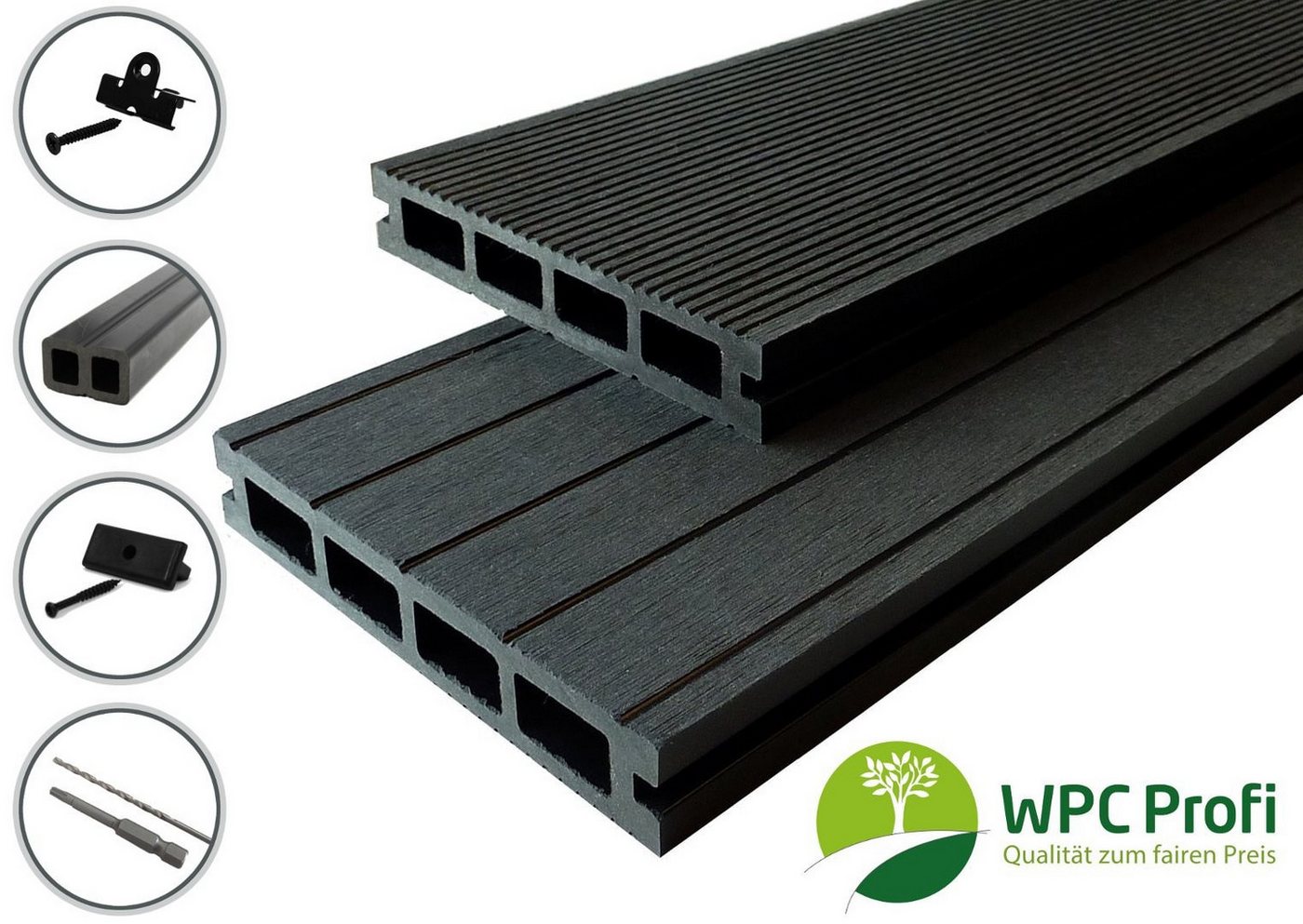 WPC Profi Terrassendielen Terrassen Diele 25mm anthrazit, (Komplettset, mit Unterkonstruktion, Clips und Schrauben) von WPC Profi