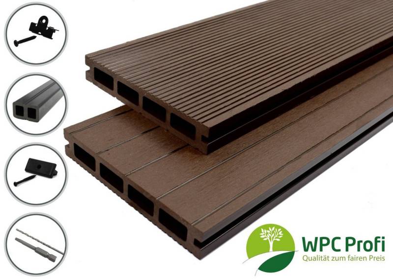 WPC Profi Terrassendielen Terrassen Diele 25mm chocolate braun, (Komplettset, mit Unterkonstruktion, Clips und Schrauben) von WPC Profi