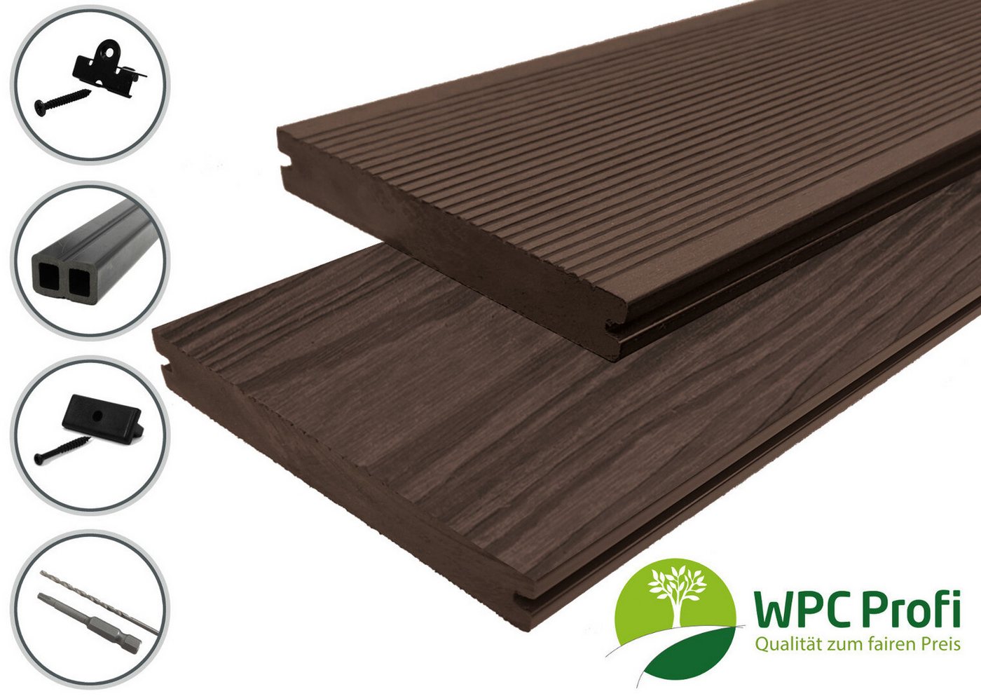 WPC Profi Terrassendielen Terrassen Garten Massiv Diele 20mm, (Komplettset, mit Unterkonstruktion, Clips und Schrauben) von WPC Profi