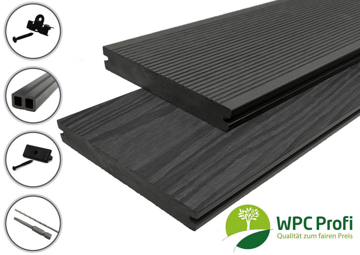 WPC Profi Terrassendielen Terrassen Garten Massiv Diele 20mm, (Komplettset, mit Unterkonstruktion, Clips und Schrauben) von WPC Profi