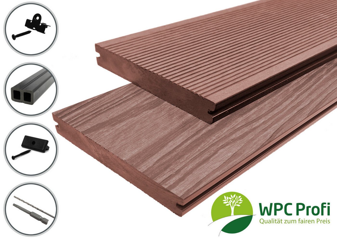 WPC Profi Terrassendielen Terrassen Garten Massiv Diele 20mm, (Komplettset, mit Unterkonstruktion, Clips und Schrauben) von WPC Profi