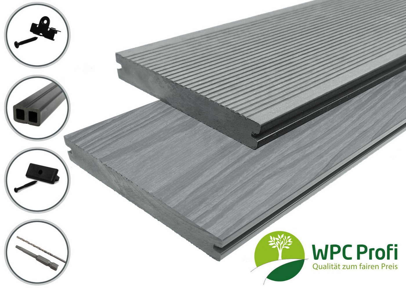 WPC Profi Terrassendielen Terrassen Komplettbausatz Massiv Komplettset anthrazit grau braun, (Musterstück 15 cm) von WPC Profi