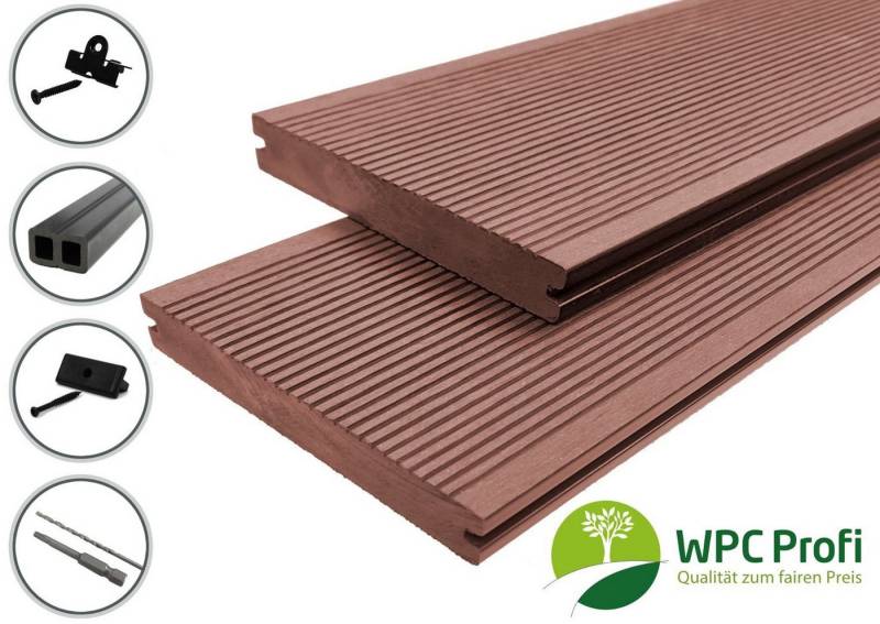 WPC Profi Terrassendielen Terrassen Komplettbausatz Redwood braun Massiv 20mm Bausatz 2 - 60m², BxL: je 360x220 cm, (Komplettset, mit Unterkonstruktion, Clips und Schrauben) von WPC Profi