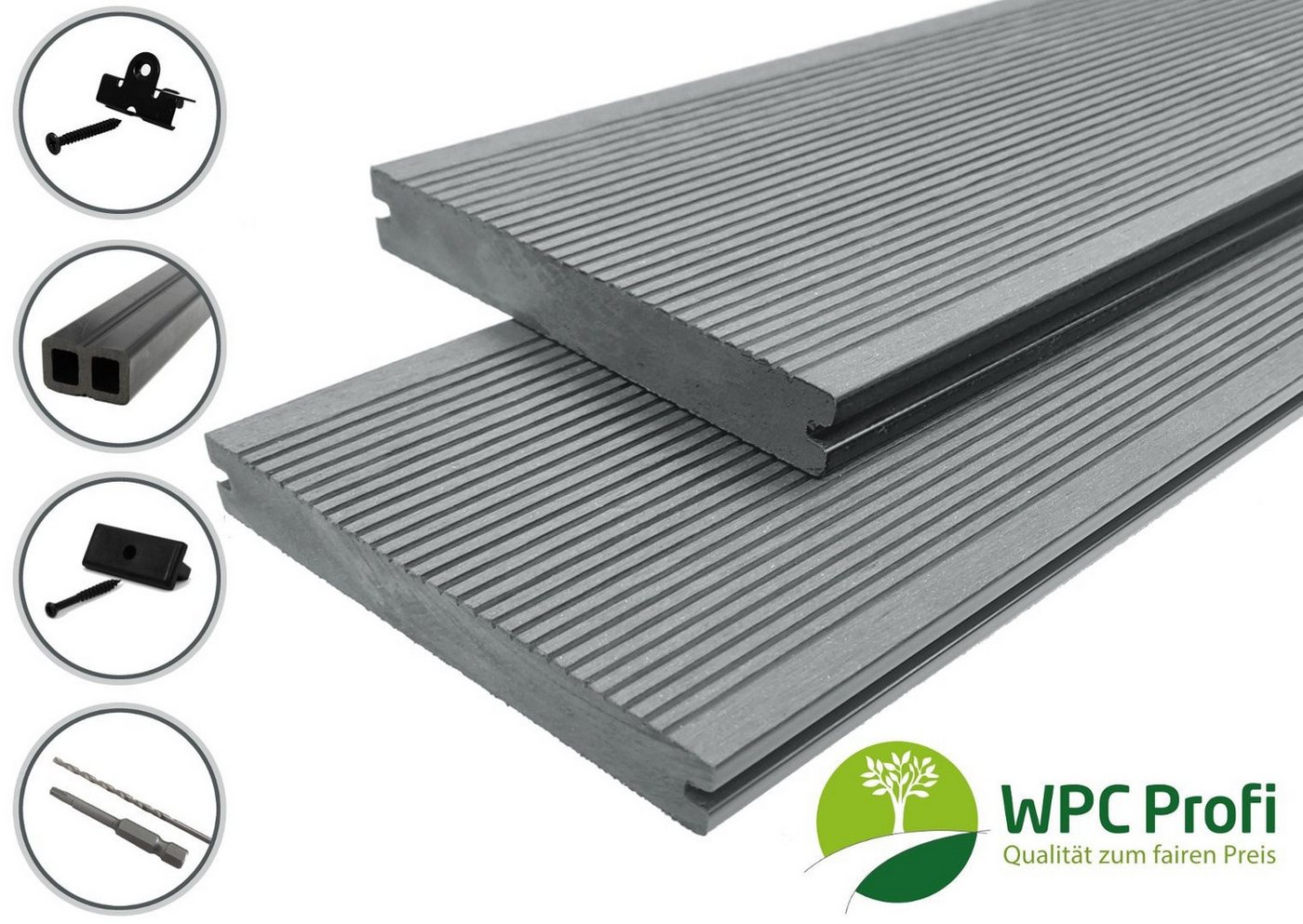 WPC Profi Terrassendielen Terrassen Komplettbausatz Steingrau Massiv 20mm Bausatz Set 2 - 60m², (Musterstück 15 cm) von WPC Profi
