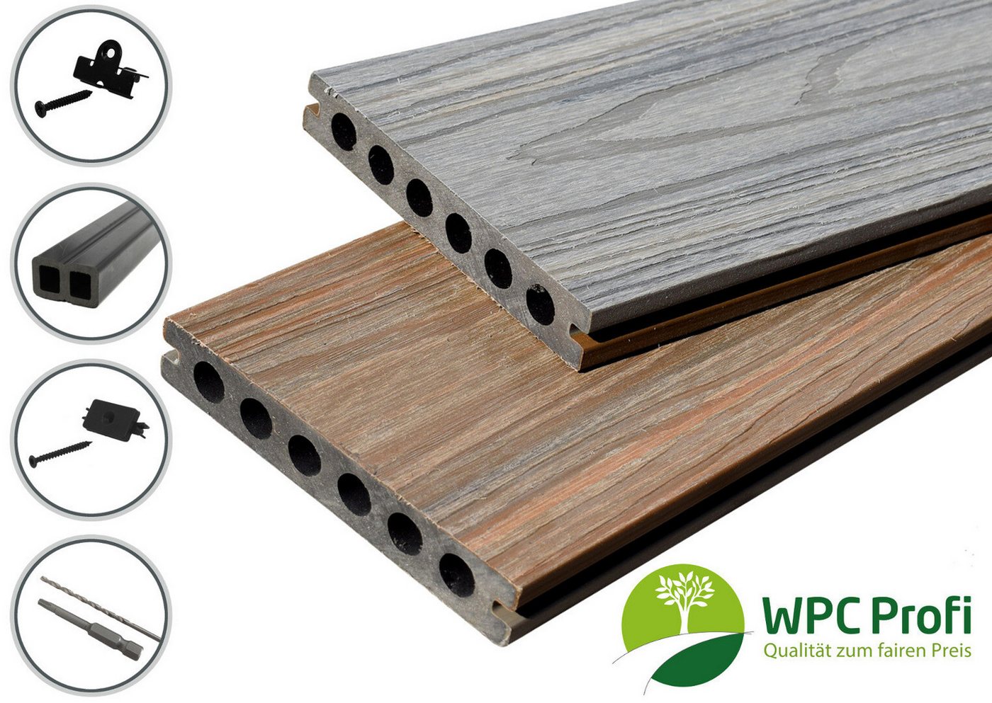 WPC Profi Terrassendielen Terrassen Komplettset Grau Braun co-extrudiert 4m, BxL: je 14.5x15 cm, (Musterstück 15 cm) von WPC Profi
