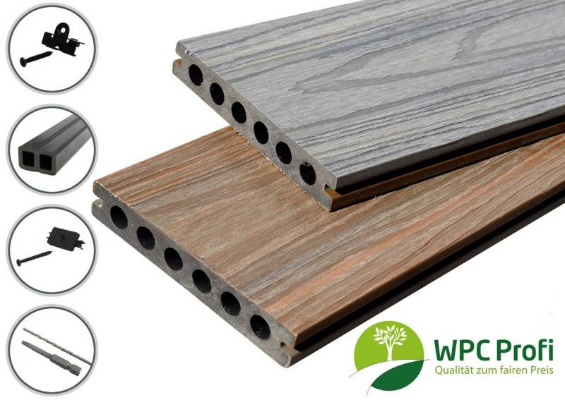 WPC Profi Terrassendielen Terrassen Komplettset Grau Braun co-extrudiert 4m, BxL: je 14.5x15 cm, (Musterstück 15 cm) von WPC Profi