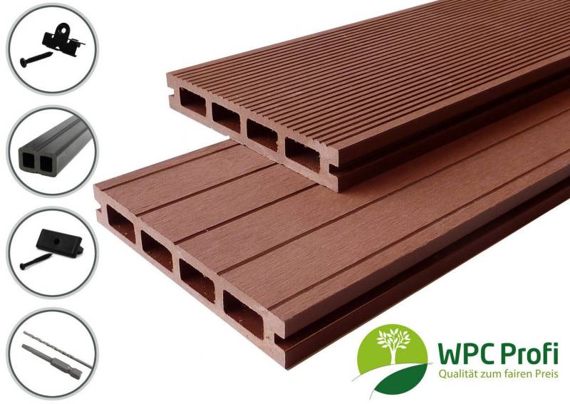 WPC Profi Terrassendielen Terrassen Komplettset braun Hohl 25mm Redwood, BxL: je 15x15 cm, (Hohlkammerdiele, Musterstück 15 cm) von WPC Profi