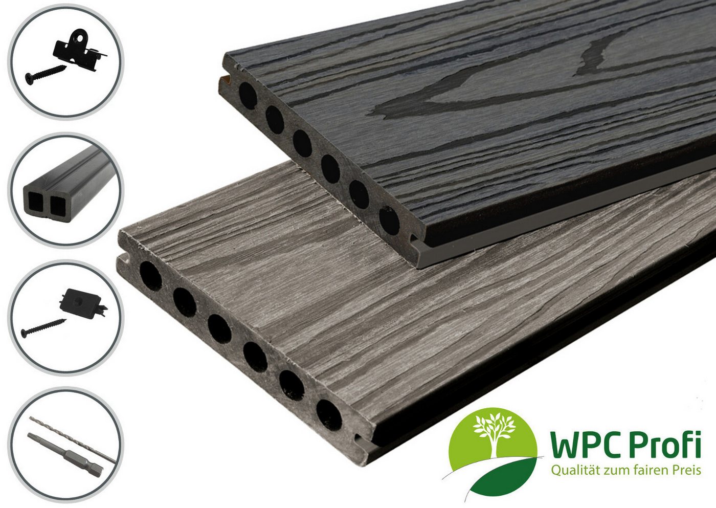 WPC Profi Terrassendielen coextrudierte Terrassen Komplettset Grau Schwarz 2200mm, (Komplettset, mit Unterkonstruktion, Clips und Schrauben) von WPC Profi