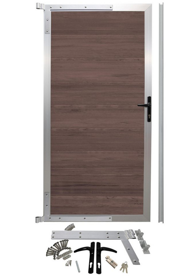 WPC Profi Zauneinzeltür Alu Garten Zauntor Tor Gartentor Choco-Mix Systemzaun 90 X 183 cm, (Komplettset, mit Befestigung, Schloss, Anschlagschiene) von WPC Profi