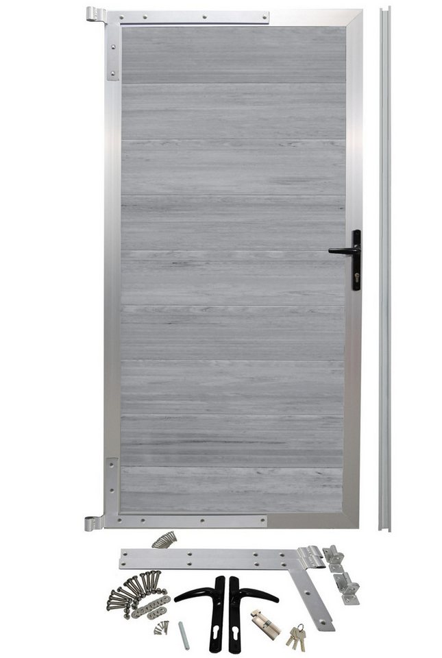 WPC Profi Zauneinzeltür Alu Garten Zauntor Tor Gartentor Grau-Mix Systemzaun 90 X 183 cm, (Komplettset, mit Befestigung, Schloss, Anschlagschiene) von WPC Profi