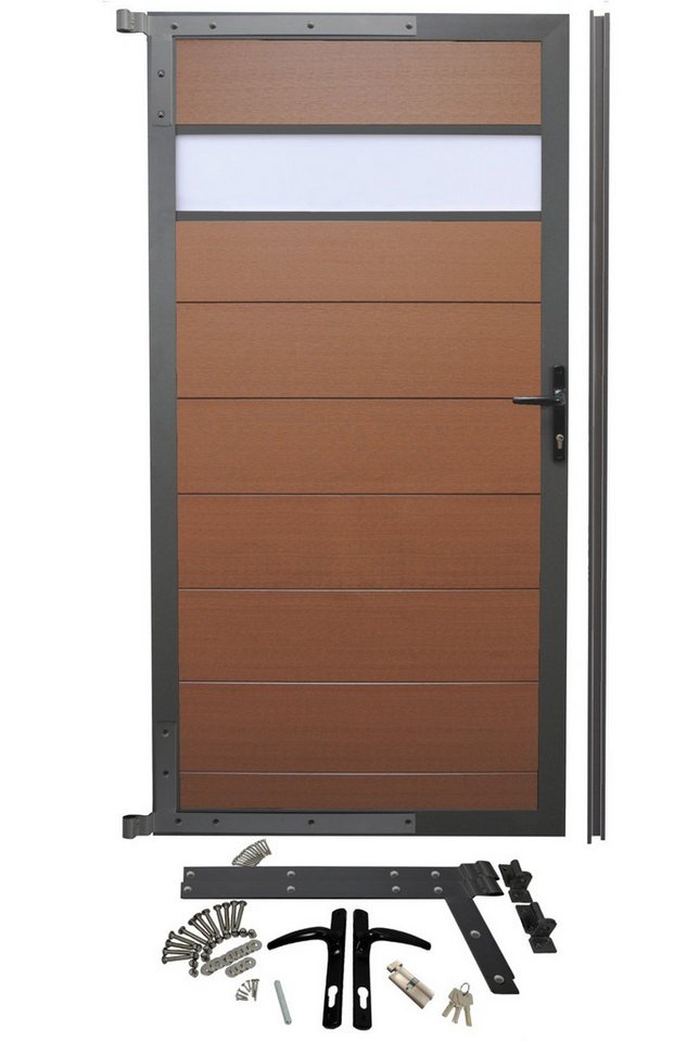 WPC Profi Zauneinzeltür Garten Alu Zaun Tor Gartentor Redwood Braun Dekor Glas 90X183cm, (Komplettset, mit Befestigung, Schloss, Anschlagschiene) von WPC Profi