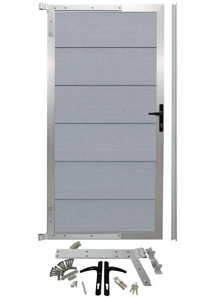 WPC Profi Zauneinzeltür XL Garten Zauntor Tor Gartentor Steingrau Grau Systemzaun 90X183cm, (Komplettset, mit Befestigung, Schloss, Anschlagschiene) von WPC Profi