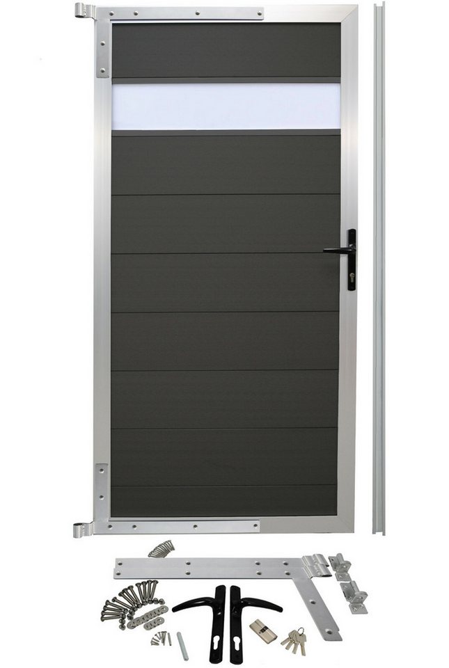 WPC Profi Zauneinzeltür Zaun Alu Garten Gartentor Anthrazit beidseitig Dekor Glas 90X183cm, (Komplettset, mit Befestigung, Schloss, Anschlagschiene) von WPC Profi