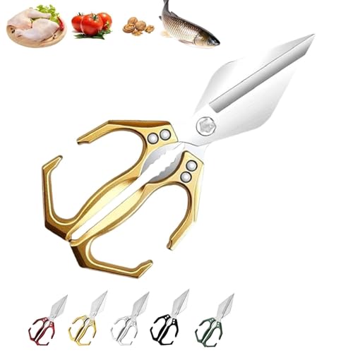 Seattleget Multifunktionale Hochleistungs-Küchenschere, Scharfe Rostfreie Geflügelschere, Japanische Kochschere, 2-in-1 Ergonomische Küchenschere, For Hühnerente, Fischgräten(Gold) von WPDUIODF