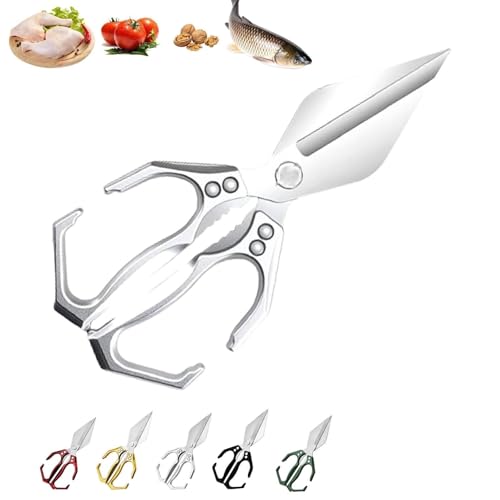 Seattleget Multifunktionale Hochleistungs-Küchenschere, Scharfe Rostfreie Geflügelschere, Japanische Kochschere, 2-in-1 Ergonomische Küchenschere, For Hühnerente, Fischgräten(Silver) von WPDUIODF
