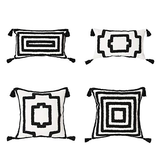 Kissenbezug, Schwarz Weiß Geometrischer Getufteter Dekorativer Wurfkissenbezug, Baumwoll Leinen Kissenhülle Mit Quasten Für Schlafsofa Schlafzimmer Wohnzimmer,Set of 4 von WPHH