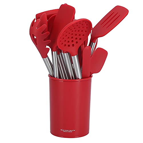 WPKD BLUEIY 15-teiliges Silikon-Kochutensilien-Set mit Edelstahlgriff, Küchenspatel und Löffel, rotes Silikon-Kochgeschirr-Werkzeug, hitzebeständig, BPA von WPKD BLUEIY