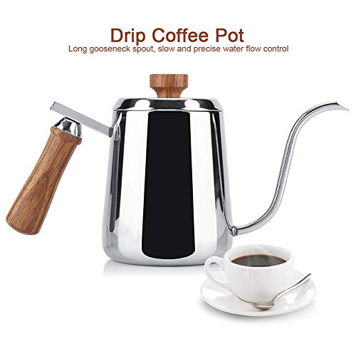 WPKD BLUEIY 304 Edelstahl-Kaffeekanne mit Holzgriff, 600 ml Schwanenhals-Wasserkocher mit langem Auslauf, Tropfkaffeekessel zum Ausgießen von WPKD BLUEIY