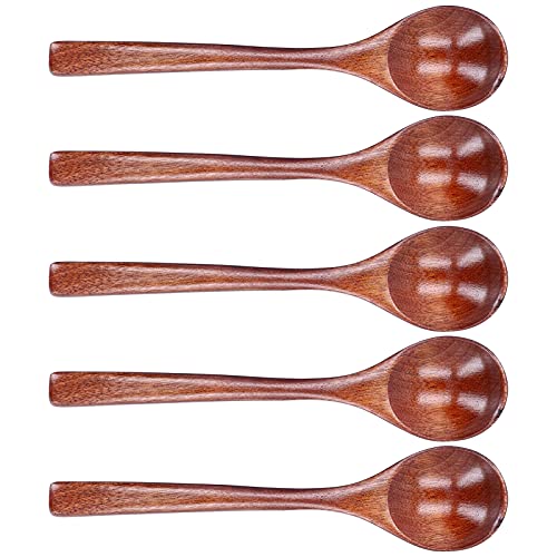WPKD BLUEIY Suppenlöffel aus Teakholz, langer Griff, Lebensmittelqualität, 5 Stück, Küchengeschirr für Zuhause, Restaurant und Hotel, rundes Design, ideal für Suppe von WPKD BLUEIY